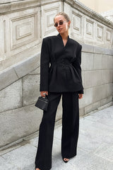 Black V-Neck Ruched Waist Blazer