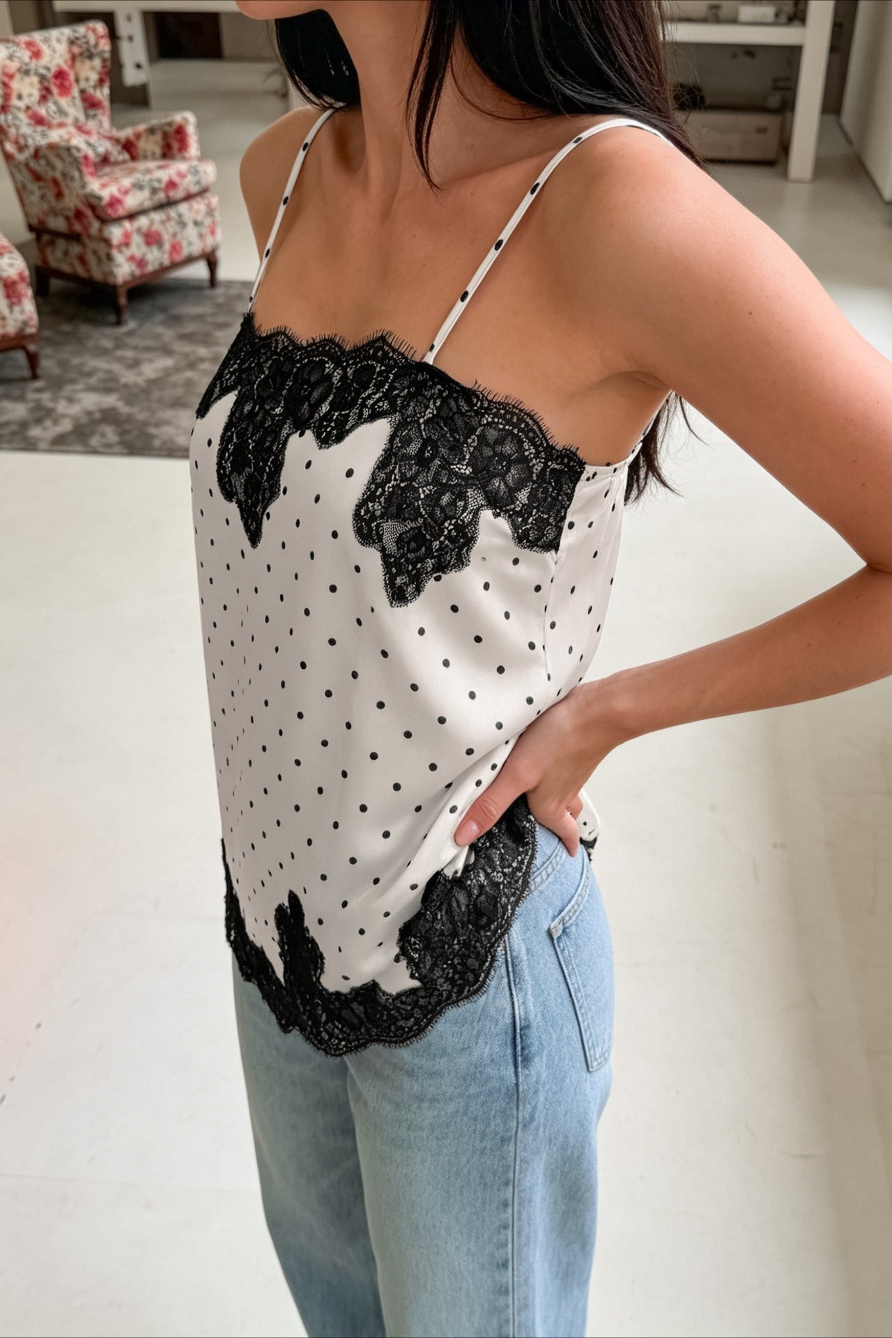 Polka Dot Contrast Lace Cami Top Secondary image