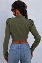 Military Button Cropped Green Denim Jacket