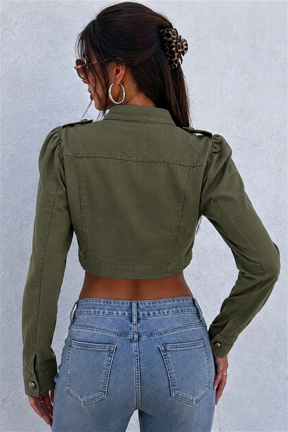 Military Button Cropped Green Denim Jacket