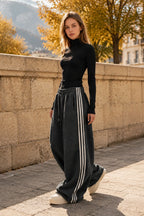 Sporty Plush Wide-Leg Striped Pants