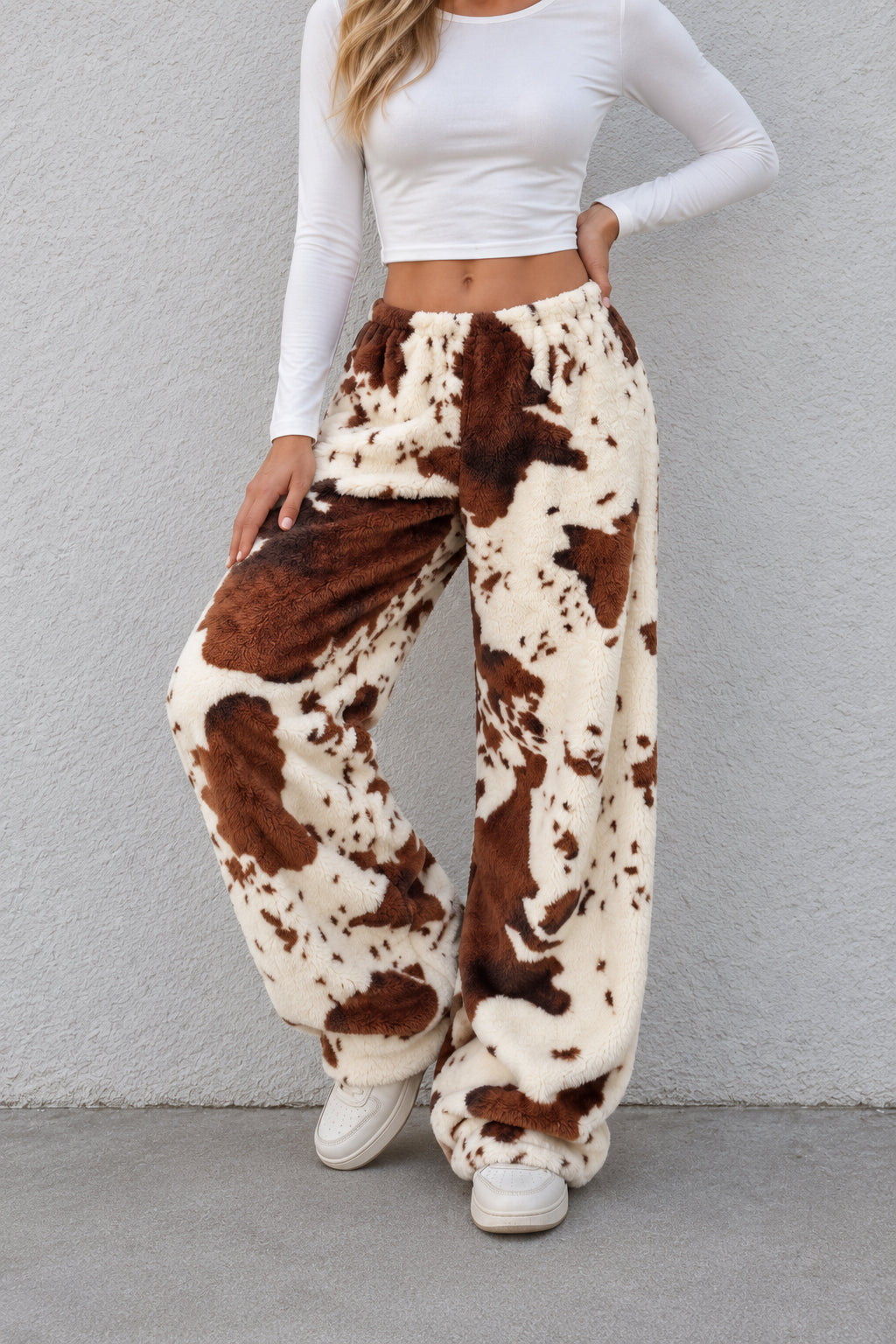 Playful Cow Print Fleece Relaxed Pants