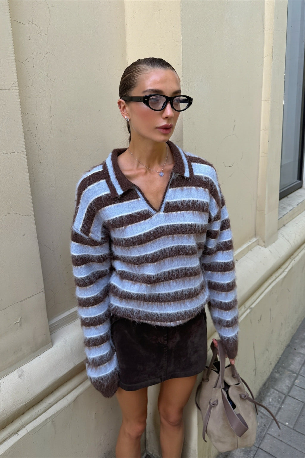 Fuzzy Stripe Polo Collar Relaxed Knit Sweater