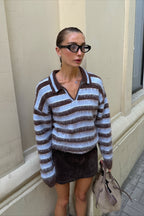 Fuzzy Stripe Polo Collar Relaxed Knit Sweater