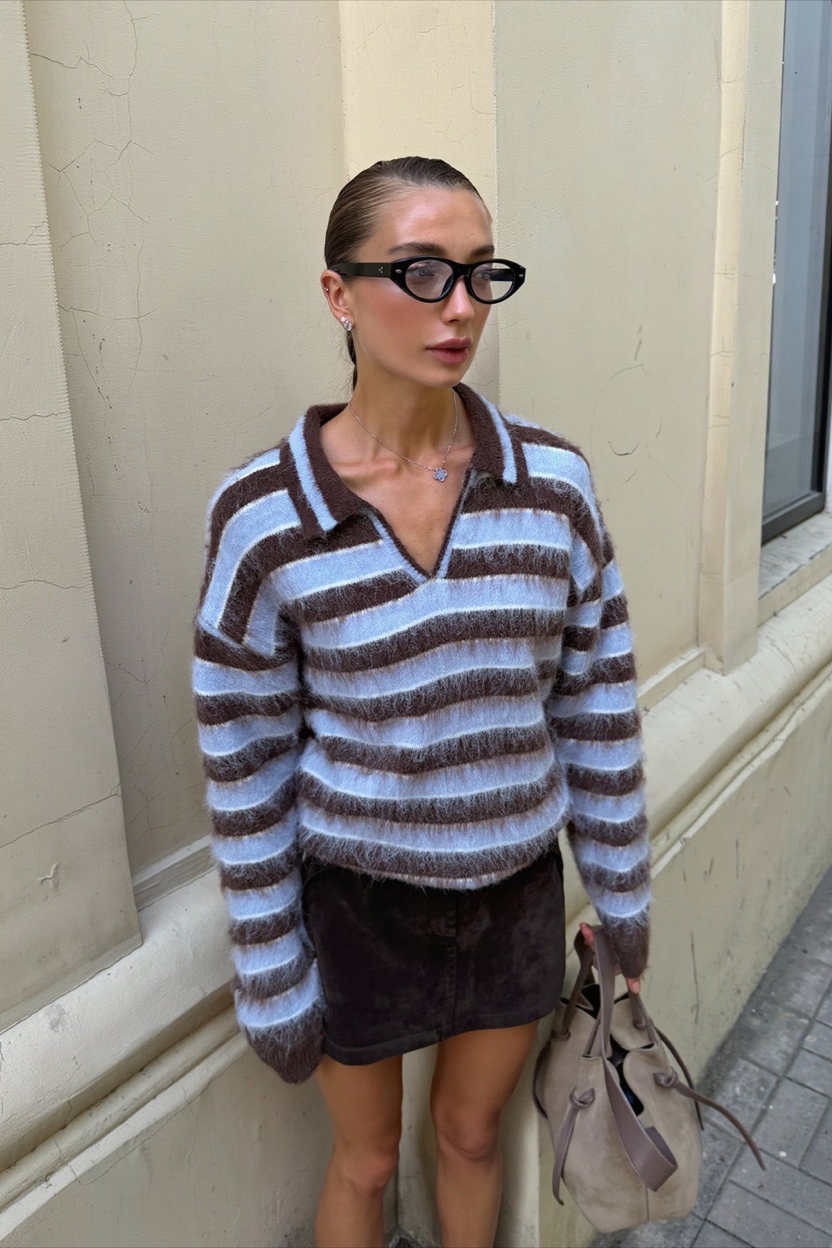 Fuzzy Stripe Polo Collar Relaxed Knit Sweater