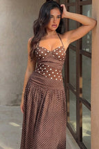 Retro Polka Dot Patchwork Halter Ruched Maxi Dress