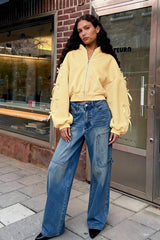 Embroidered Side Bow Zip Up Hoodie