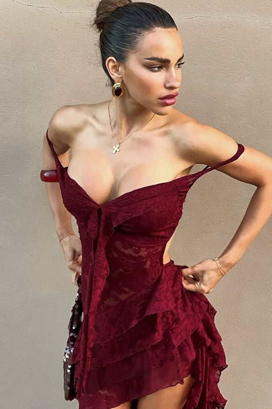 Lace Slim Drawstring Cutout Sheer Irregular Tube Top Boho Dress Secondary image
