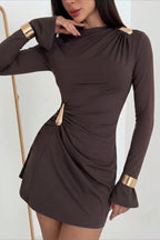 Metal Cuff Boat Neck Bell Sleeve Ruched Mini Dress