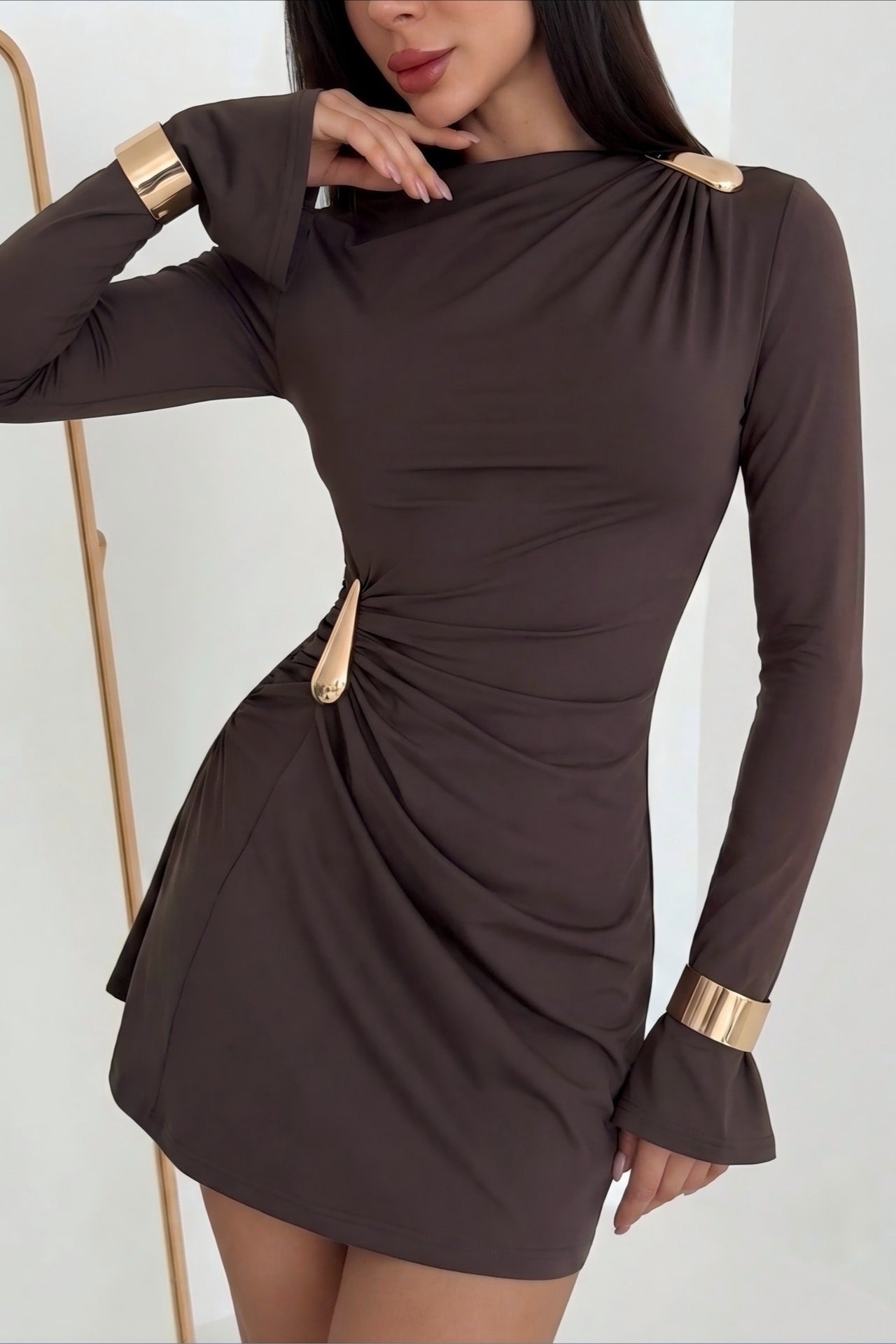 Metal Cuff Boat Neck Bell Sleeve Ruched Mini Dress