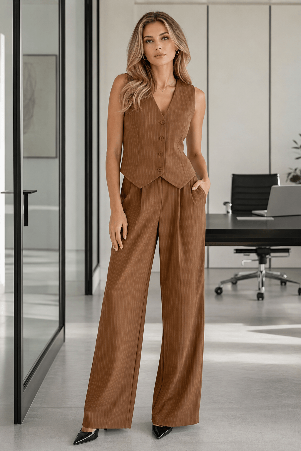 Stripe V Neck Blazer Elegant Two Piece Work Set Main image