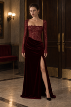 Lace Panel High Slit Long Sleeve Maxi Lace Dress