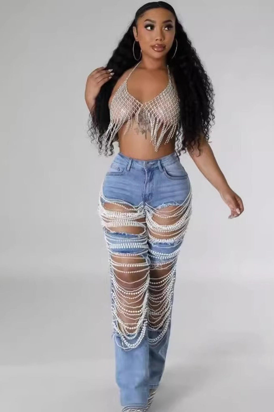 Large Ripped Chain Beaded Accent Straight Denim Jeans Main image