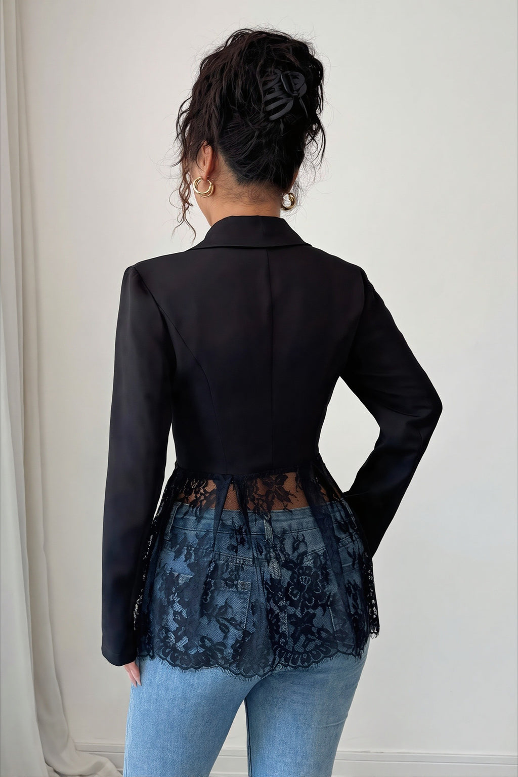 Sheer Lace Panel Single Button Tailored Longline Coat