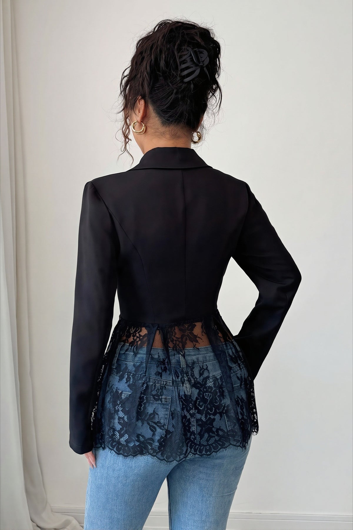 Sheer Lace Panel Single Button Tailored Longline Coat