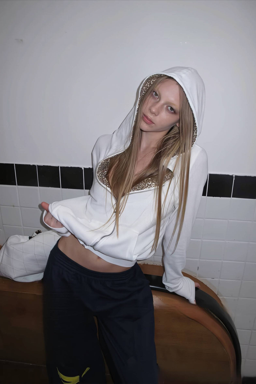 Rhinestone Hood Trim Cropped Full Zip Hoodie