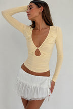 Ruched V Neck Keyhole Long Sleeved T-shirts