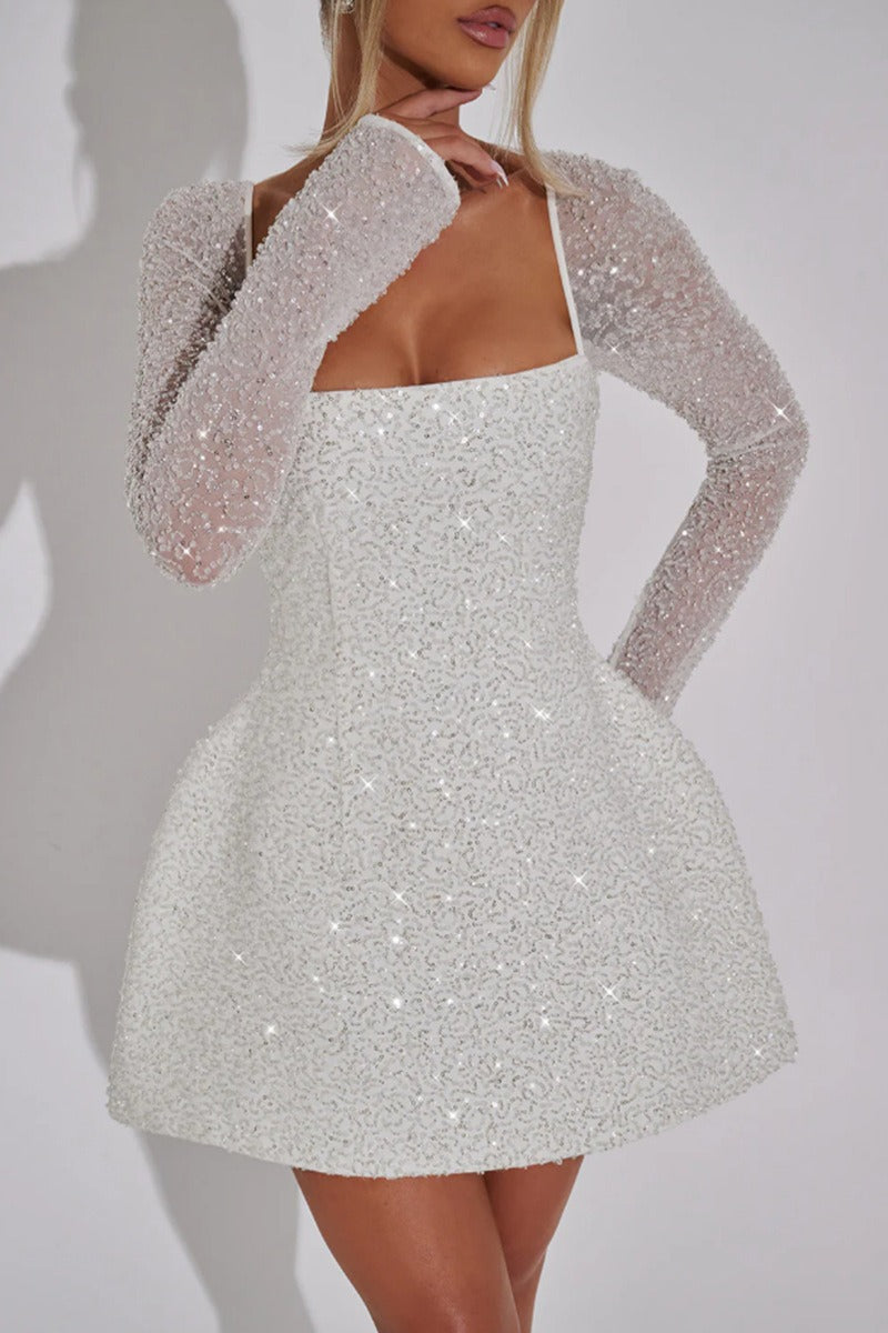 Luxury Sequin Long-Sleeve A-Line Bow Backless Mini Sequin Dress Secondary image