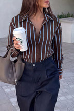 Vertical Stripe Fitted Long Sleeve Button Blouse