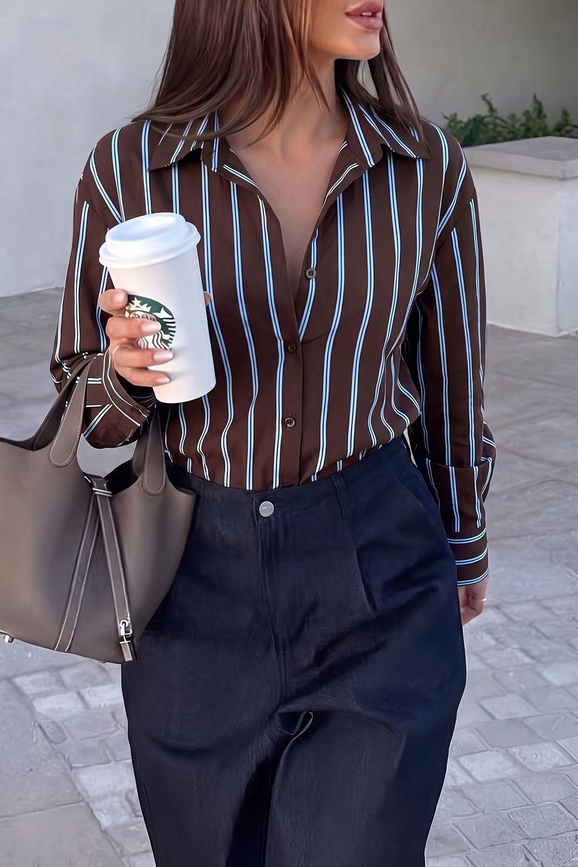 Vertical Stripe Fitted Long Sleeve Button Blouse