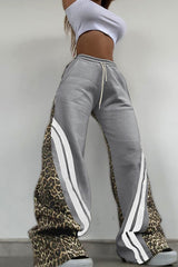 Leopard Print Stripe Color Block High Waist Loose Pants