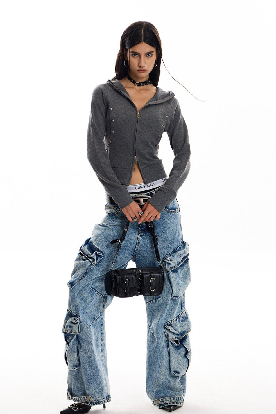 Rivet Trim Fitted Zip Up Hoodie