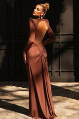 Slim Solid Long Sleeve High Neck Ruched Backless Formal Dress