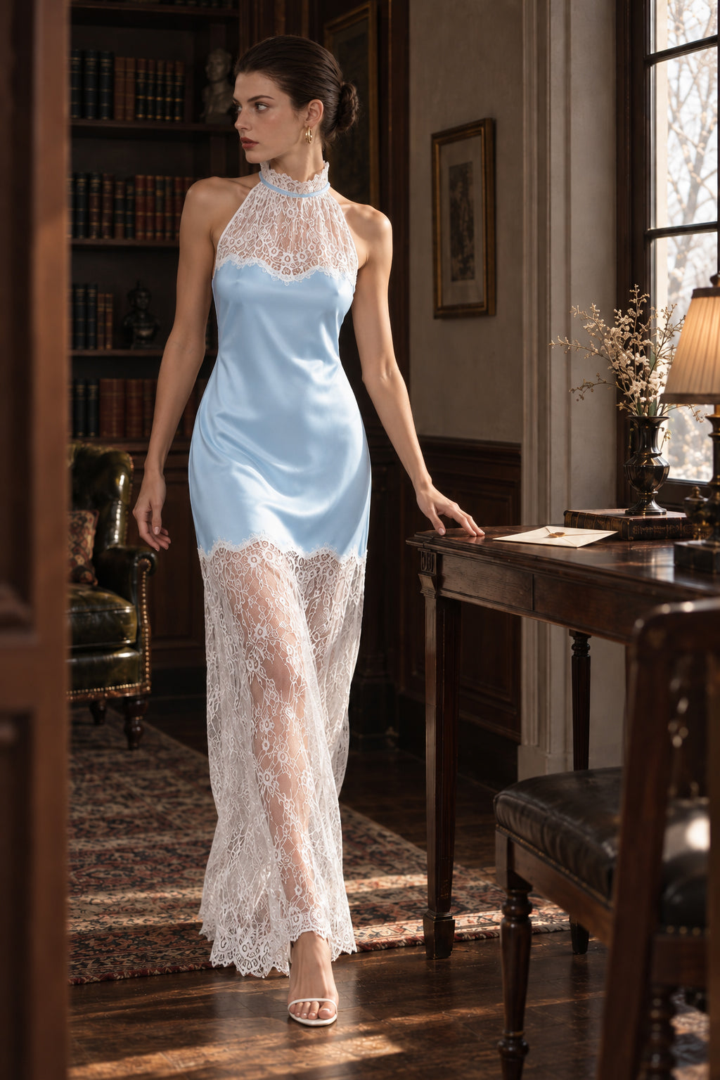 Chic Lace Trim Satin Halter Neck Slim Maxi Dress Main image