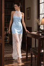 Chic Lace Trim Satin Halter Neck Slim Maxi Dress