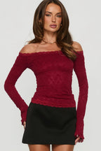 Sheer Lace Off-Shoulder Long Sleeve Crop Top
