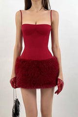 Fur Trim Strapless Bodycon Mini Birthday Dress