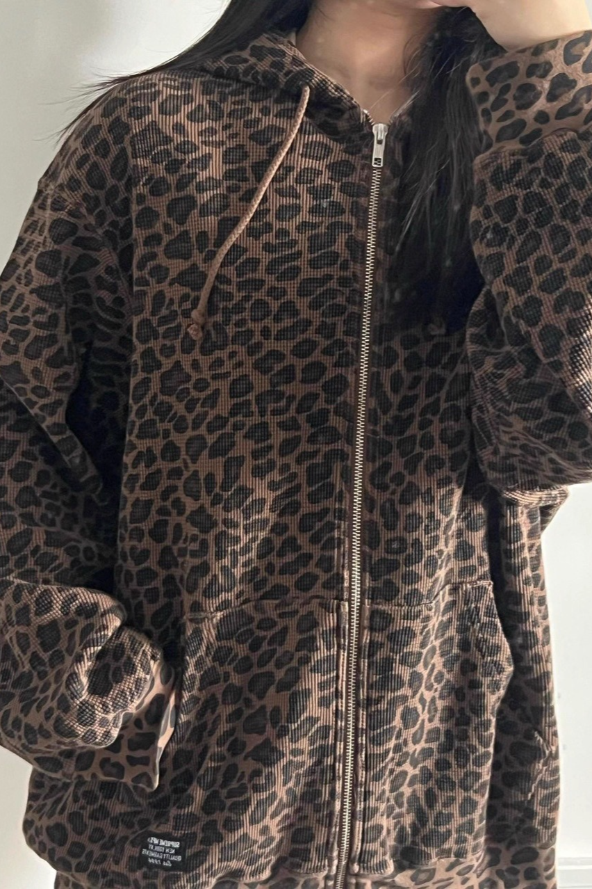 Leopard Print Waffle Zip Drawstring Unisex Vintage Hoodie Secondary image