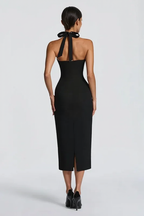 Solid Halter Neck Tie Back Midi Party Dress