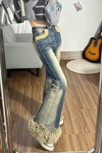 Faux Fur Trim Washed Flare Jeans