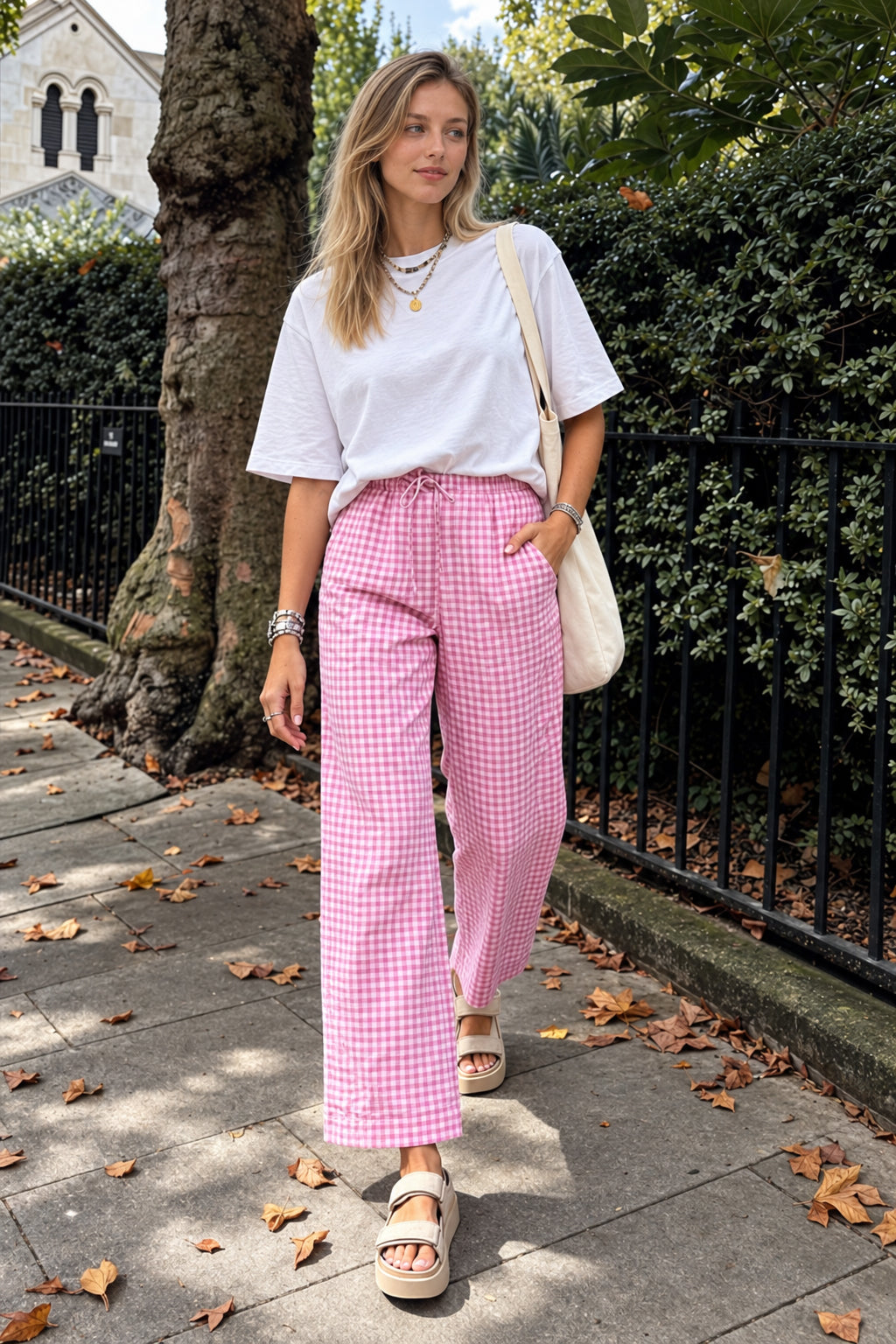 Gingham Print Elastic Waist Drawstring Lounge Pant Main image