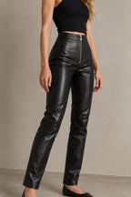 PU Leather Front Zipper Slim Fit Pants