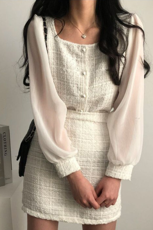 Sheer Boucle Square Neck Blouse Skirt Tweed Suit Set Secondary image