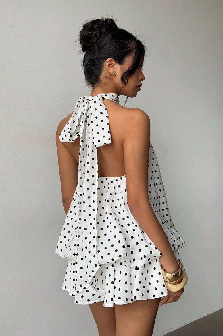 Polka Dot Halter Backless Lace-Up Flared Mini Dress