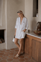 Linen Pockets Semi-Sheer Long Sleeve Dress