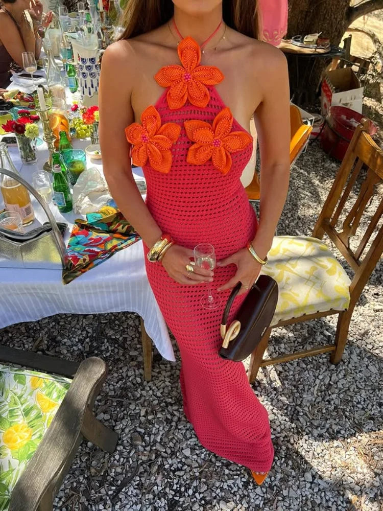 3D Flower Crochet Halter Backless Summer Dress Main image