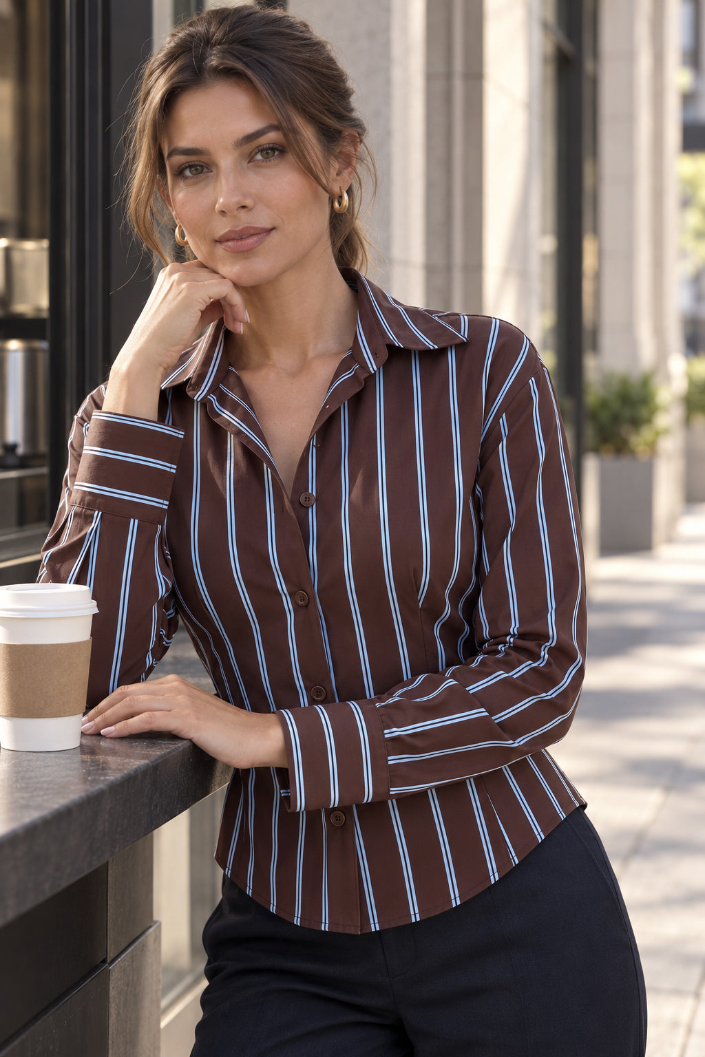 Vertical Stripe Fitted Long Sleeve Button Blouse