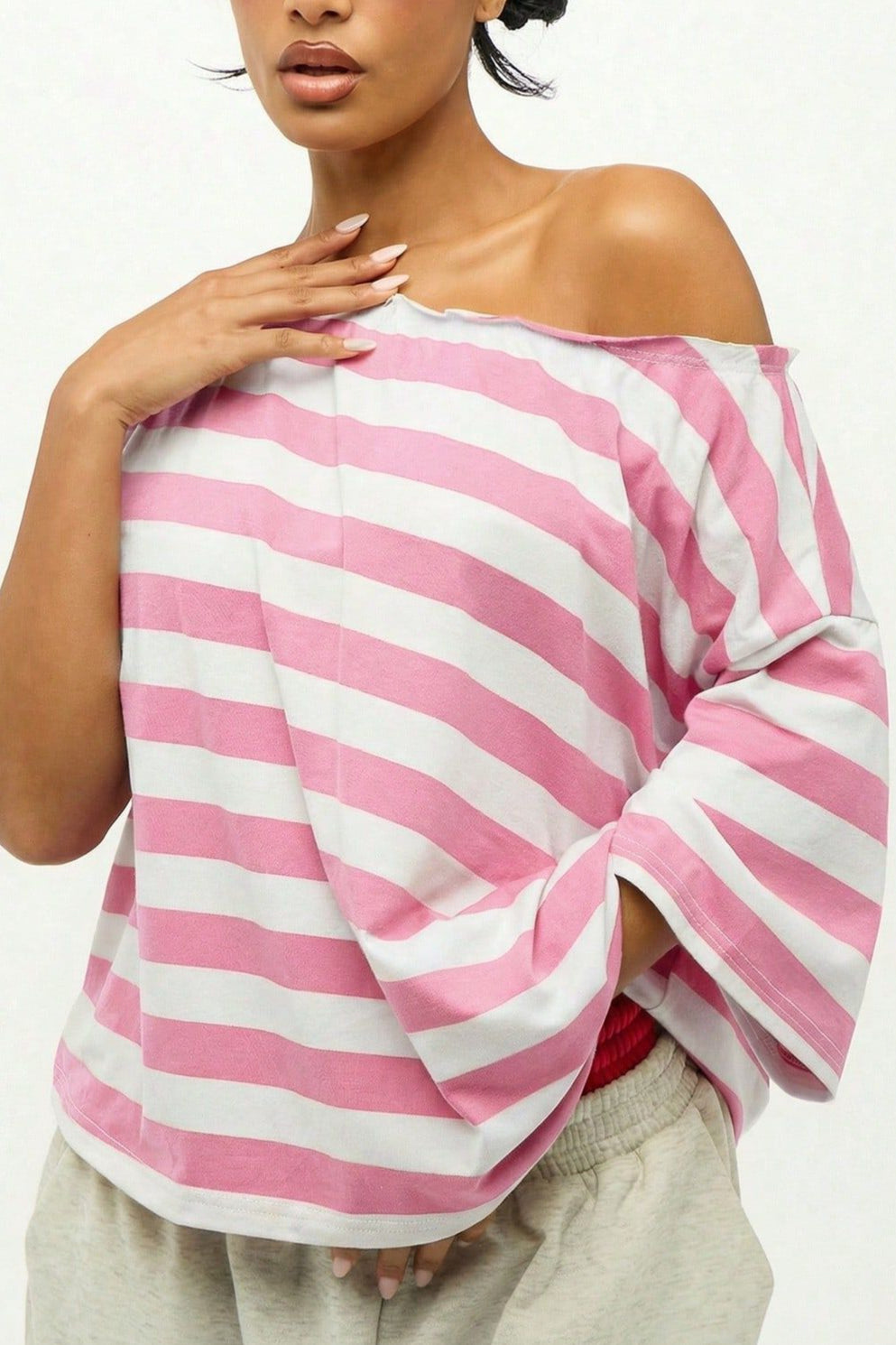 Striped Off Shoulder Oversized Short Sleeve T-Shirt