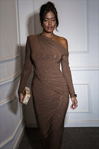 One Shoulder Ruched Long Sleeve Maxi Party Dress