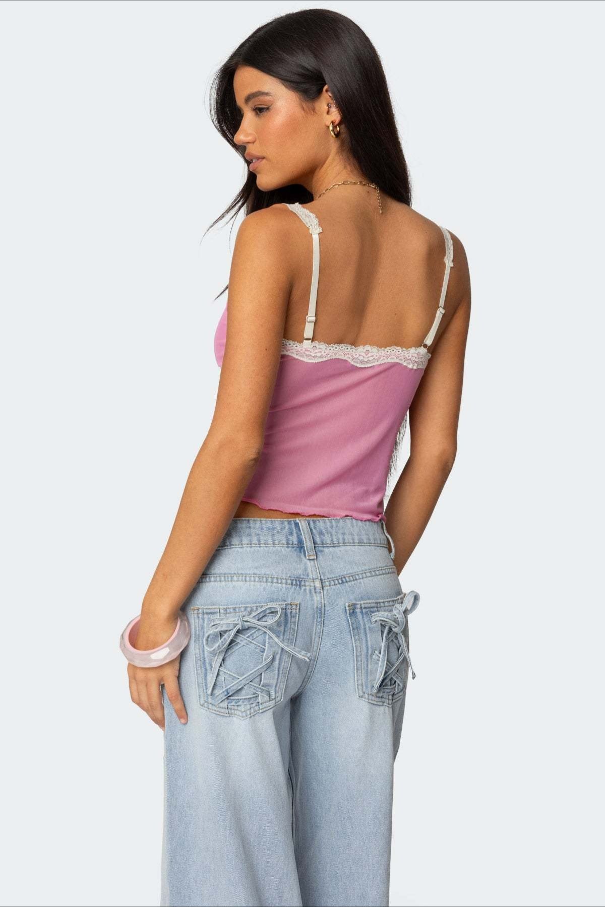 Sheer Mesh Lace Trim Halter Cami Top Secondary image