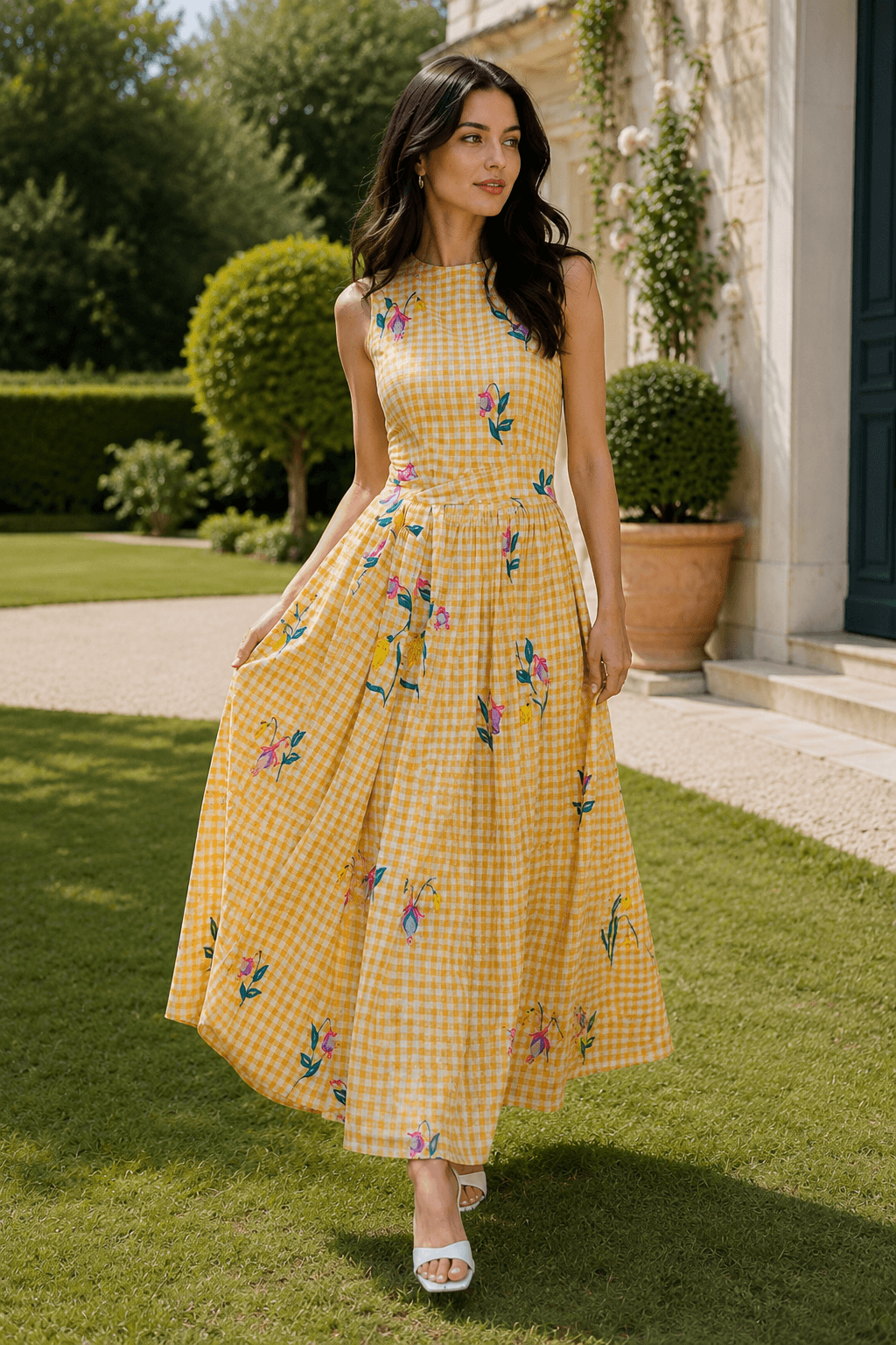 Vintage Heavy Floral Embroidery Tie Waist Sleeveless Long Floral Dress Secondary image