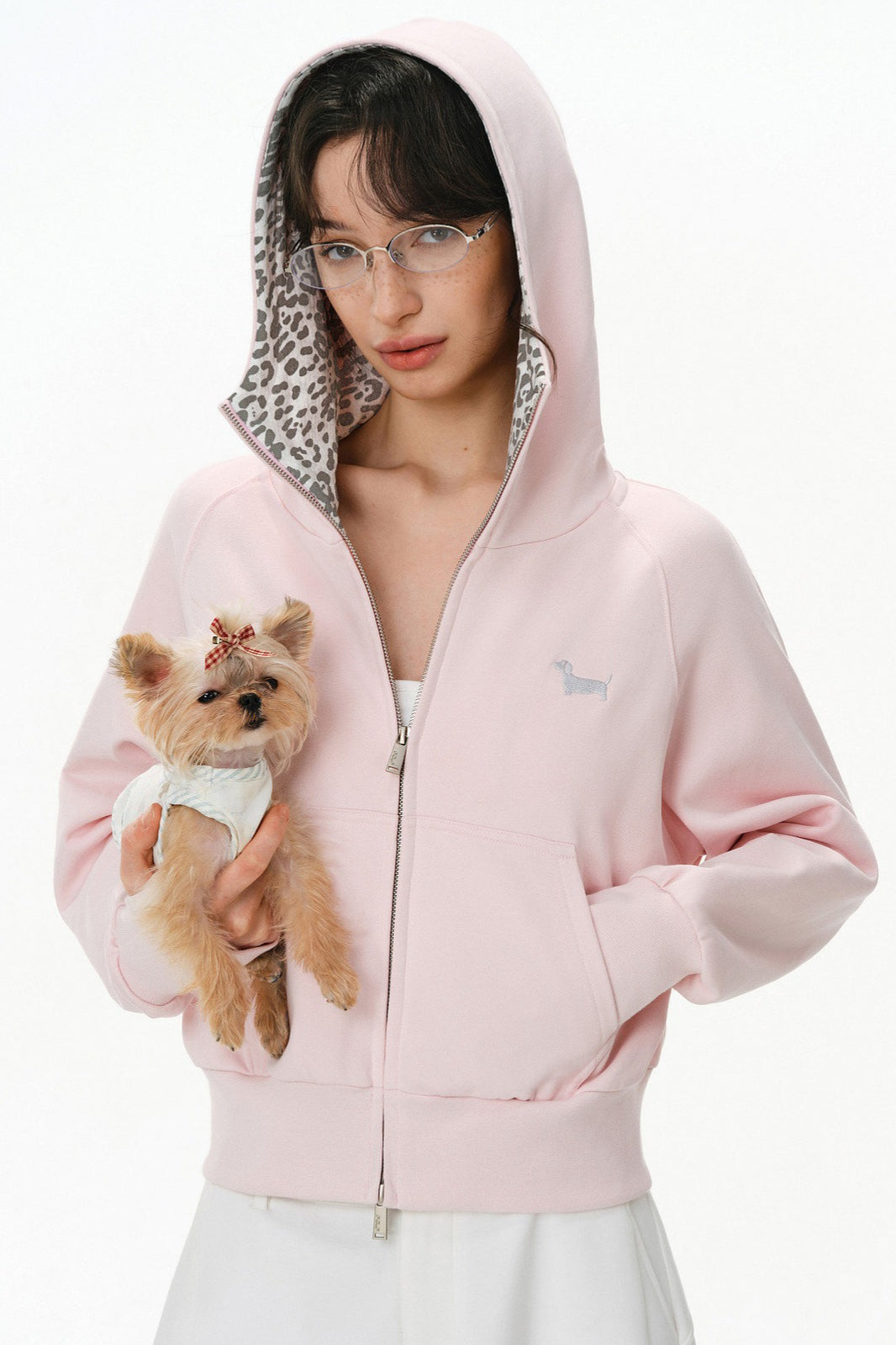 Pink Leopard Lined Cropped Zip Hoodie