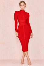 JuliaFashion - 2024 Rayon High Quality Turtleneck Lace Up Bandage Dress