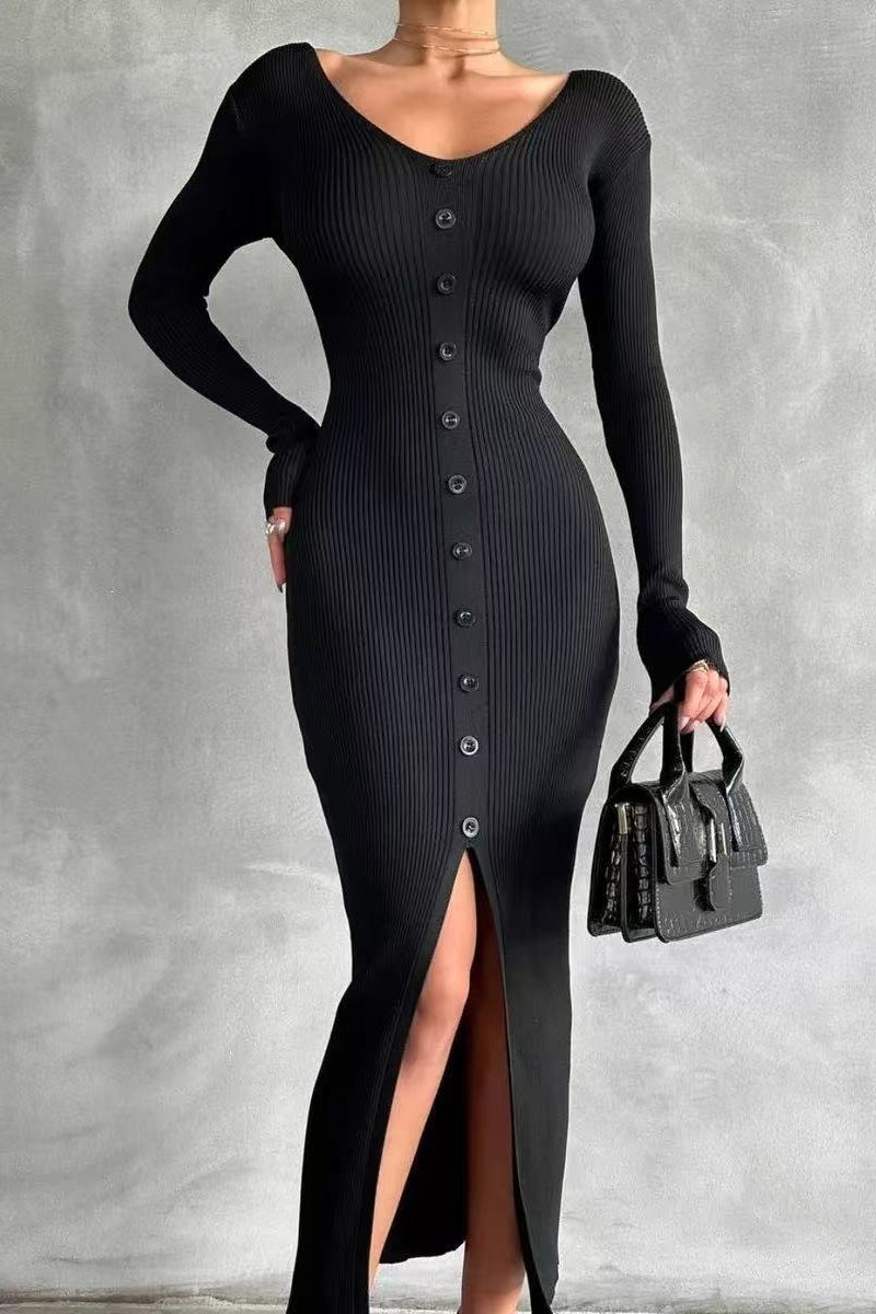 Elegant V Neck Knit Slit Midi Bodycon Dress Secondary image