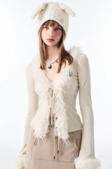 Lace-Up V Neck Plush Cardigan