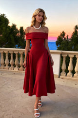 Off-Shoulder Waist-Cinched Solid Party Dress